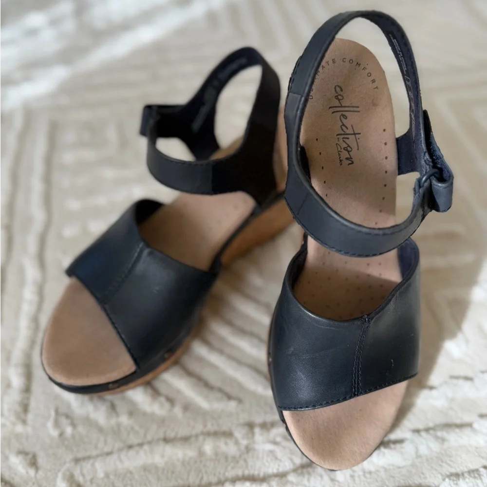 Clarks Annadel Clover Black Wedge Sandals | Size 5.5 | Comfortable Cork Heels